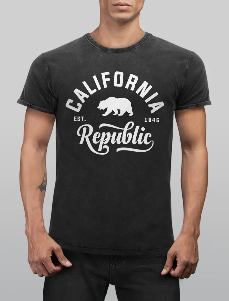 Cooles Angesagtes Herren T-Shirt Vintage Shirt California Republic Bär Aufdruck Used Look Slim Fit