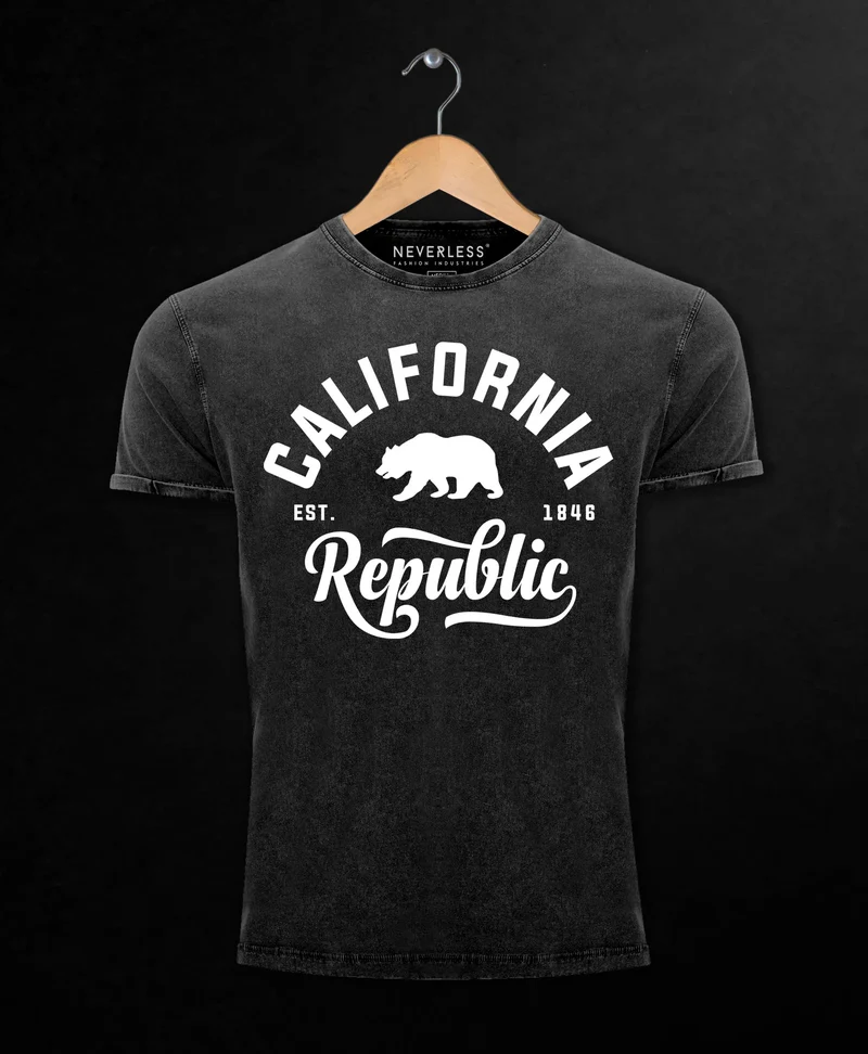 Cooles Angesagtes Herren T-Shirt Vintage Shirt California Republic Bär Aufdruck Used Look Slim Fit