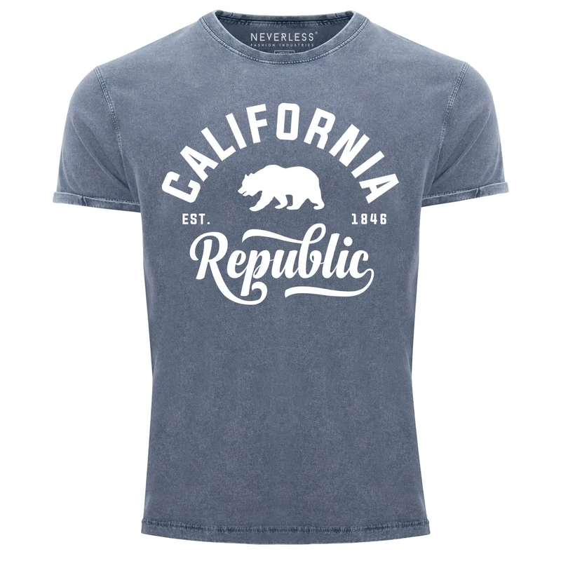 Cooles Angesagtes Herren T-Shirt Vintage Shirt California Republic Bär Aufdruck Used Look Slim Fit