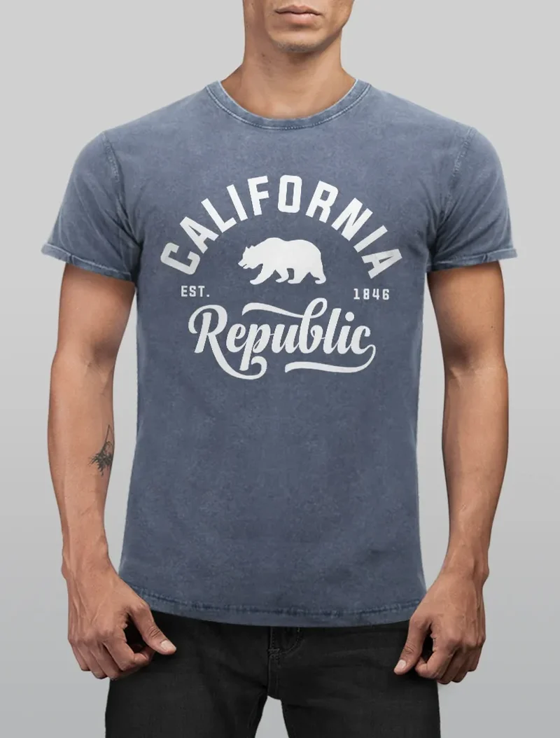 Cooles Angesagtes Herren T-Shirt Vintage Shirt California Republic Bär Aufdruck Used Look Slim Fit