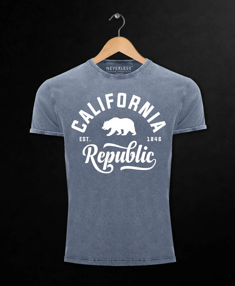 Cooles Angesagtes Herren T-Shirt Vintage Shirt California Republic Bär Aufdruck Used Look Slim Fit