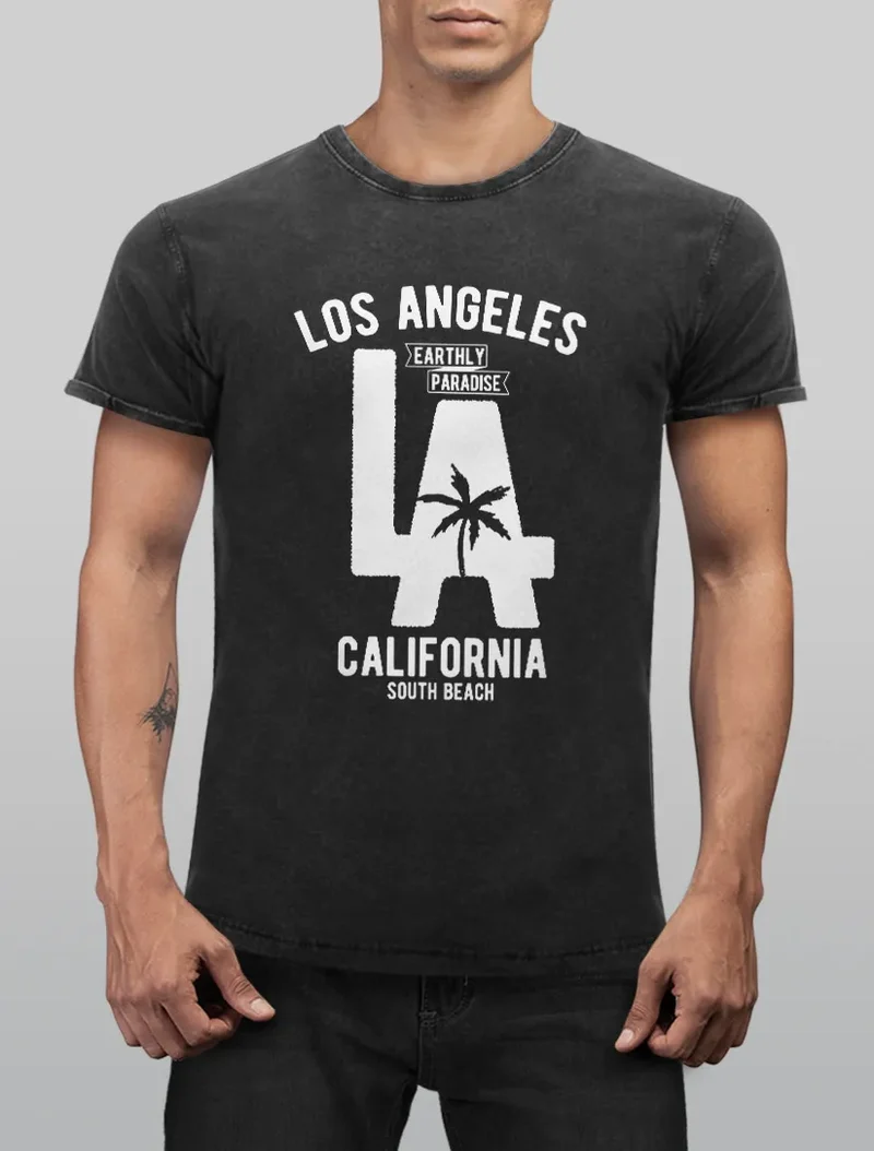 Cooles Angesagtes Herren T-Shirt Vintage Shirt LA Los Angeles California Aufdruck Used Look Slim Fit