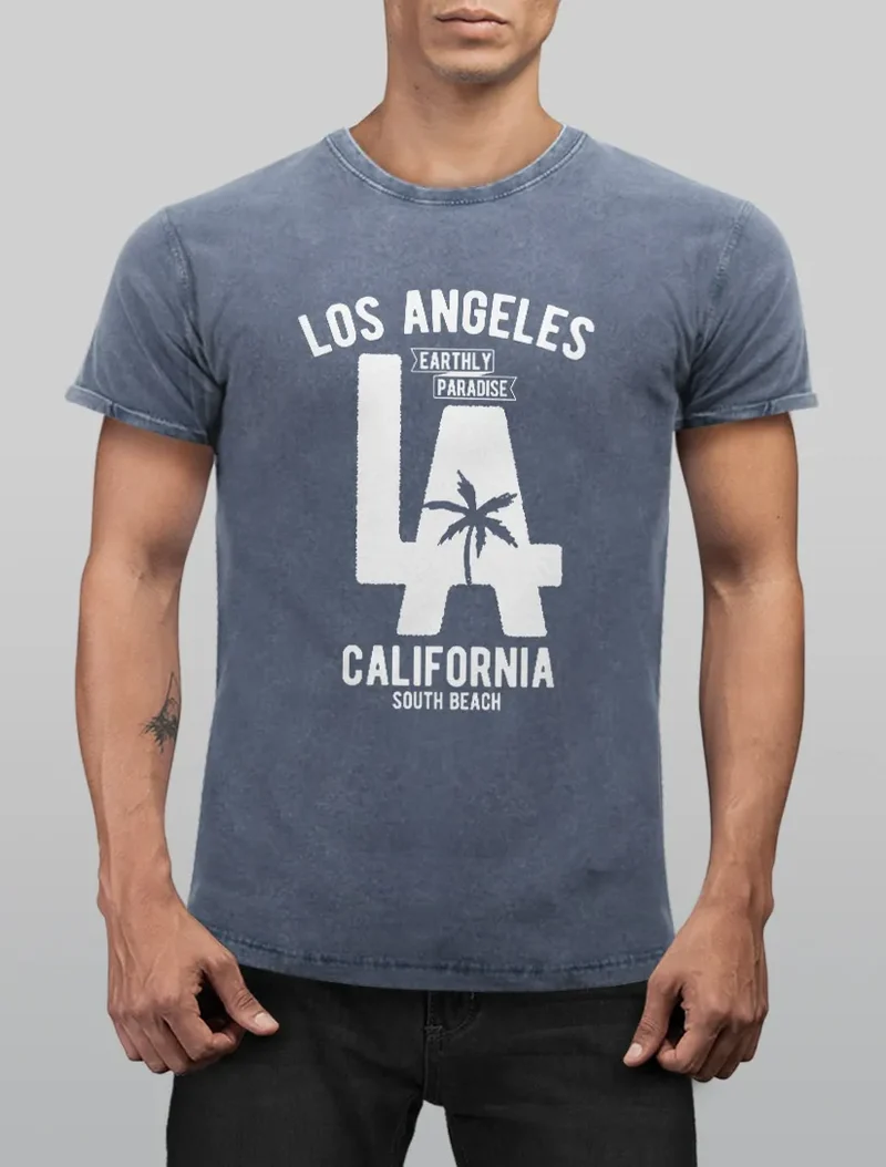 Cooles Angesagtes Herren T-Shirt Vintage Shirt LA Los Angeles California Aufdruck Used Look Slim Fit