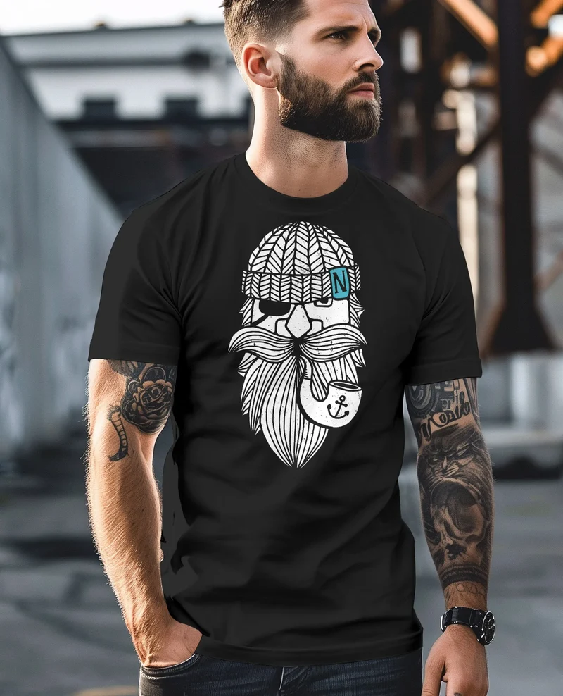 Herren T-Shirt Printshirt Seemann Bart Seefahrer Nordisch Maritim Fashion Streetstyle