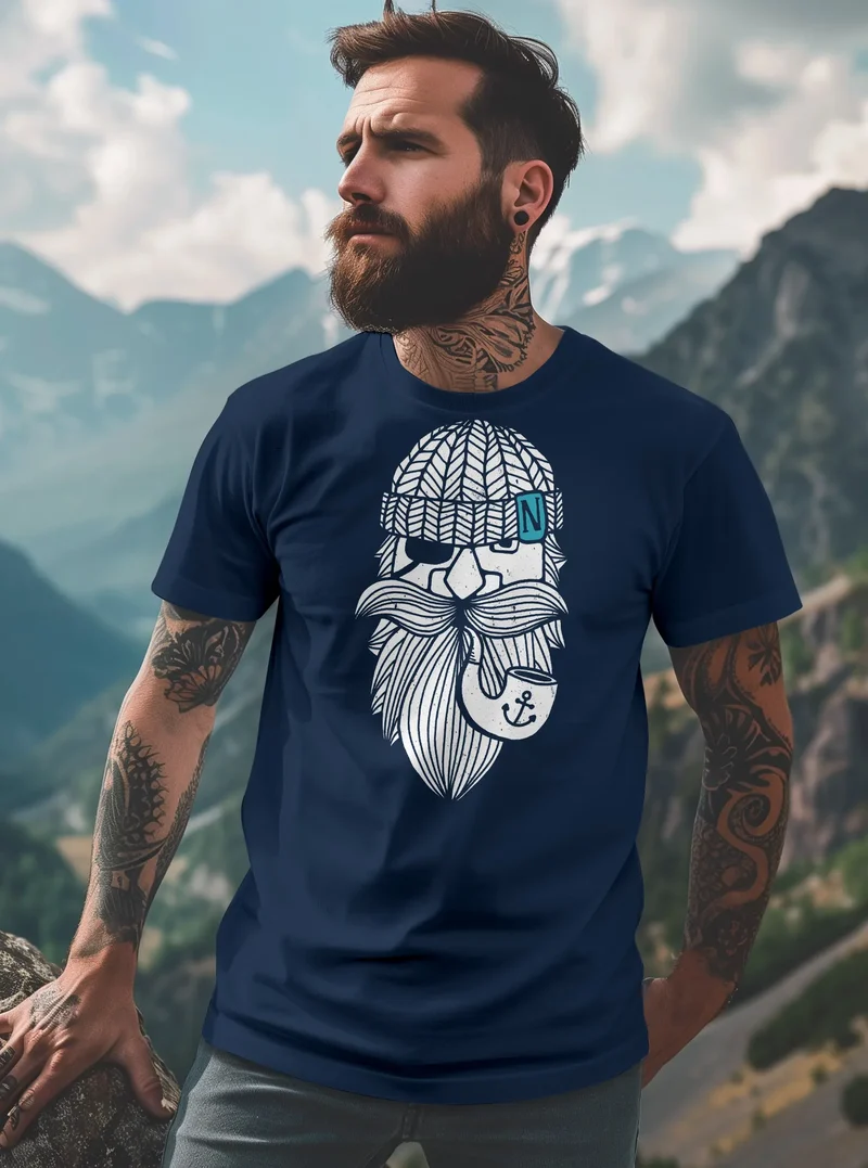 Herren T-Shirt Printshirt Seemann Bart Seefahrer Nordisch Maritim Fashion Streetstyle