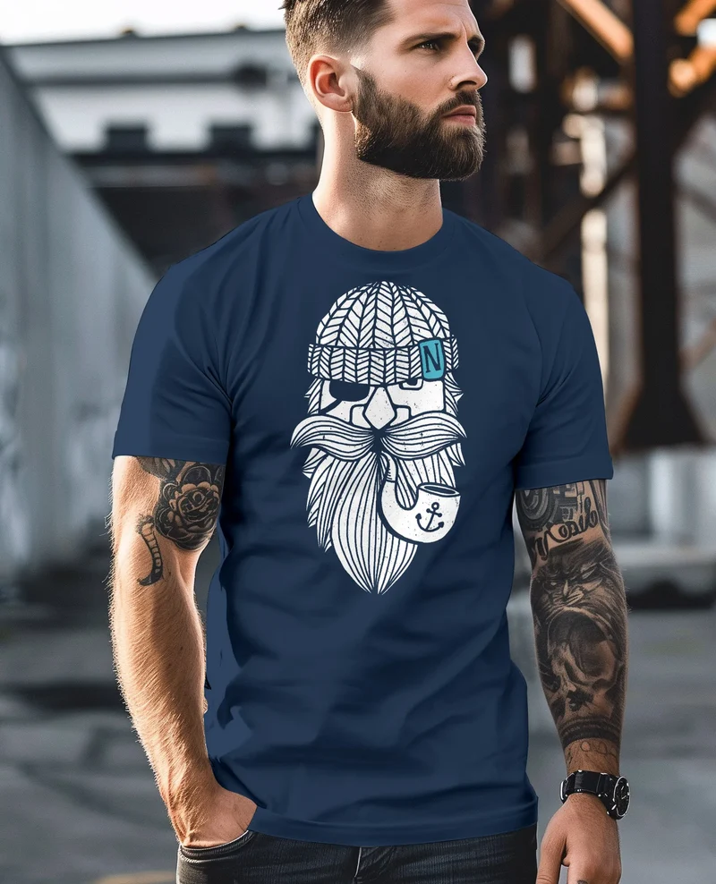 Herren T-Shirt Printshirt Seemann Bart Seefahrer Nordisch Maritim Fashion Streetstyle