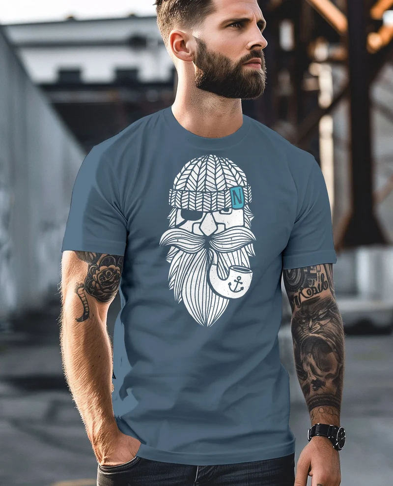 Herren T-Shirt Printshirt Seemann Bart Seefahrer Nordisch Maritim Fashion Streetstyle