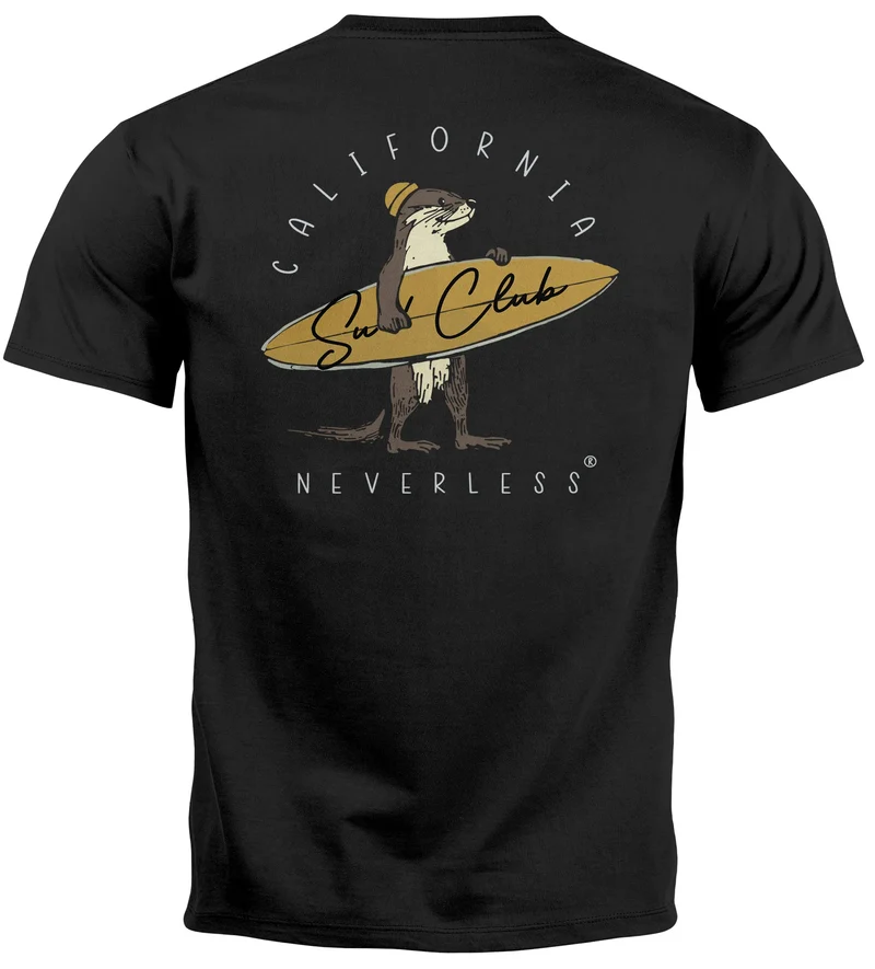 Herren T-Shirt Backprint California Surfing Otter mit Surfboard Grafik Surfer-Design Fashion Streetstyle
