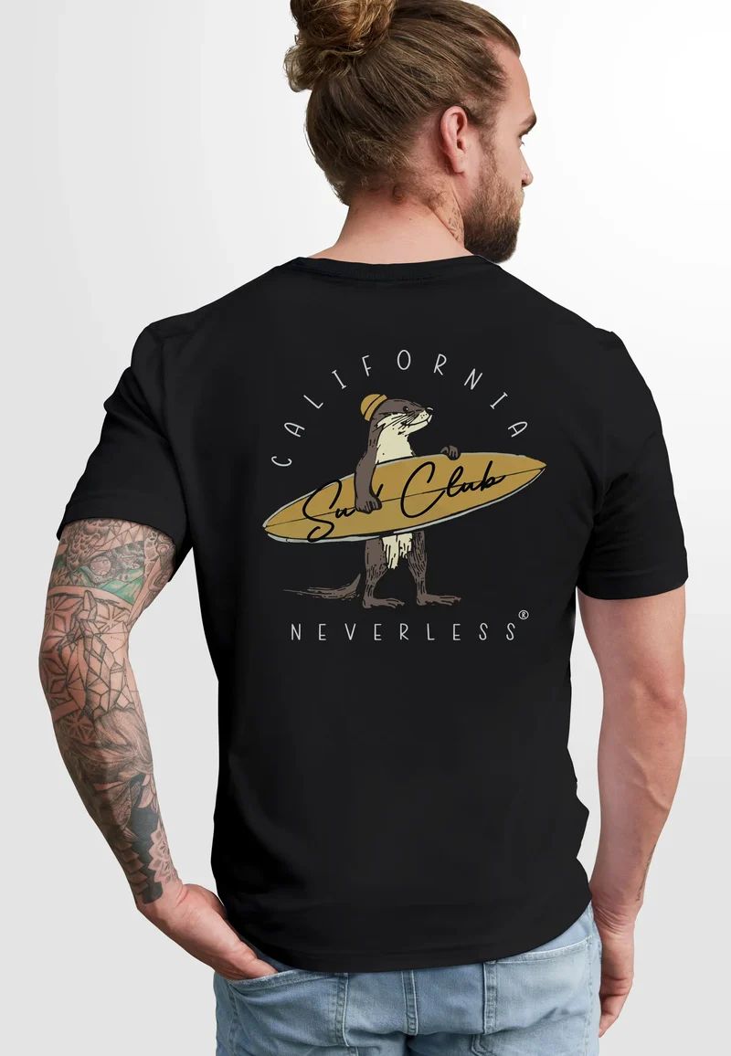 Herren T-Shirt Backprint California Surfing Otter mit Surfboard Grafik Surfer-Design Fashion Streetstyle