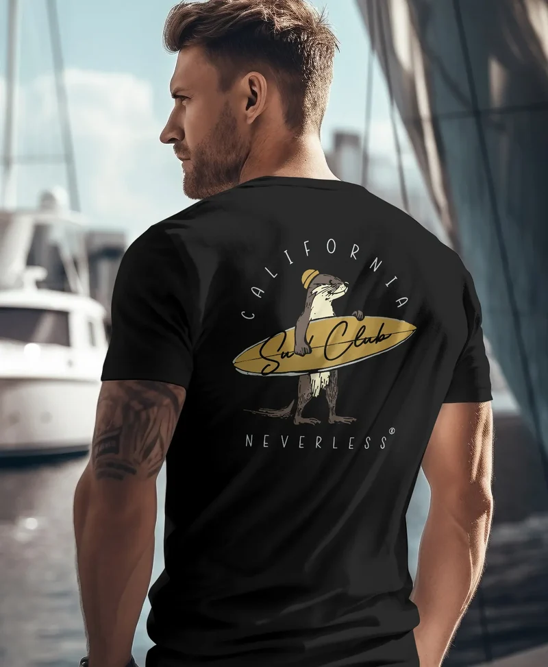 Herren T-Shirt Backprint California Surfing Otter mit Surfboard Grafik Surfer-Design Fashion Streetstyle