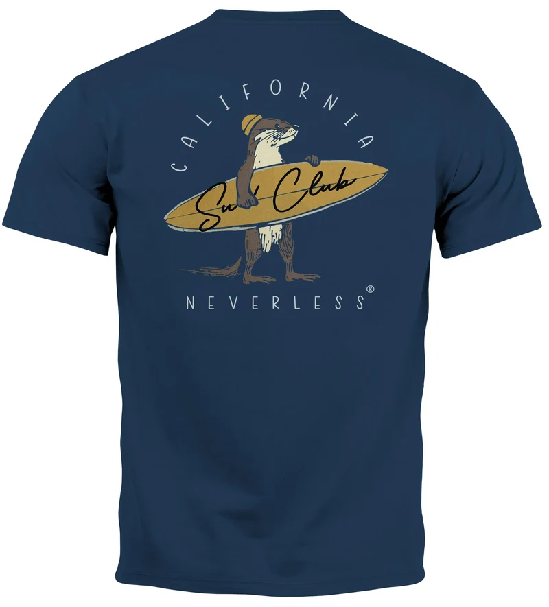Herren T-Shirt Backprint California Surfing Otter mit Surfboard Grafik Surfer-Design Fashion Streetstyle