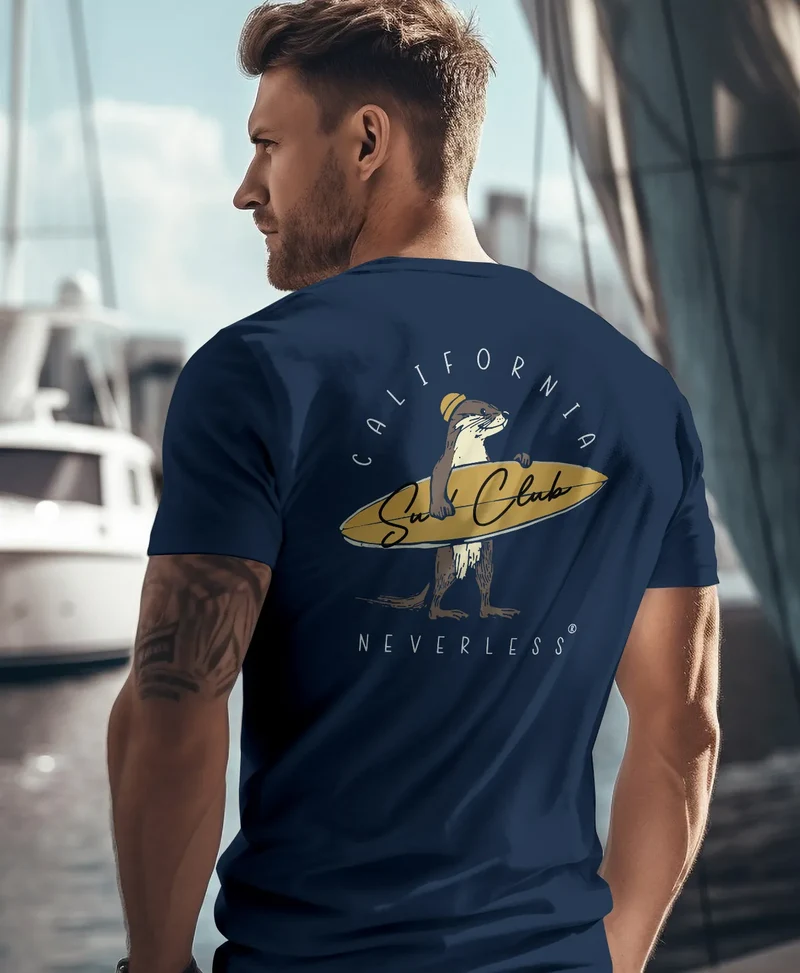 Herren T-Shirt Backprint California Surfing Otter mit Surfboard Grafik Surfer-Design Fashion Streetstyle