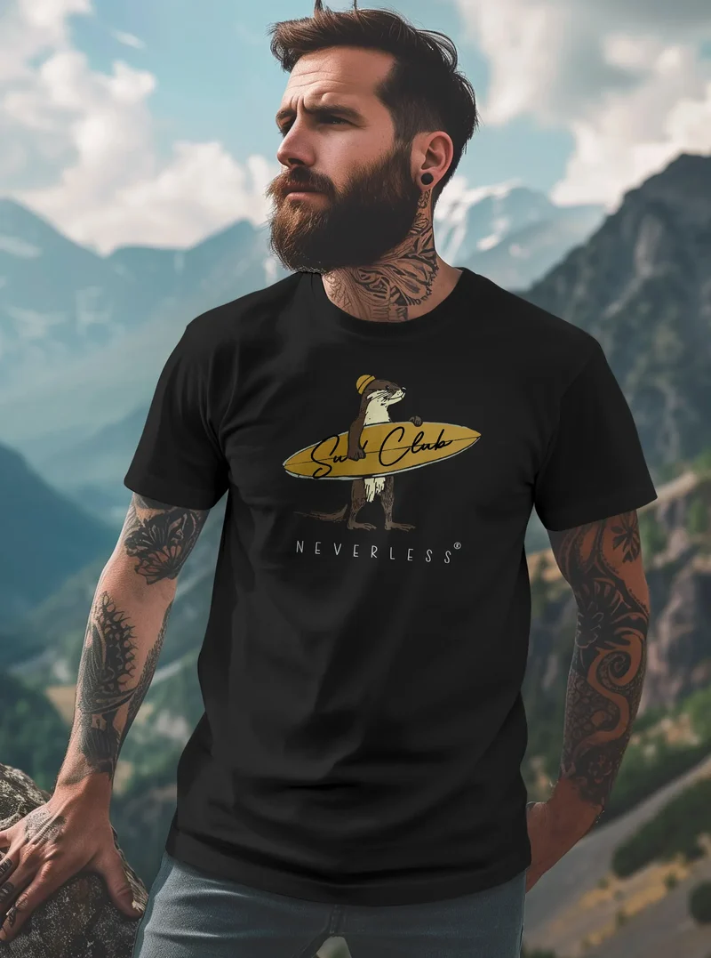 Herren T-Shirt California Surfing Otter mit Surfboard Grafik Surfer-Design Männer Printshirt Fashion Streetstyle