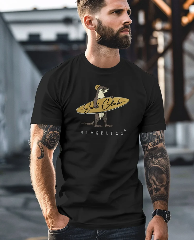 Herren T-Shirt California Surfing Otter mit Surfboard Grafik Surfer-Design Männer Printshirt Fashion Streetstyle