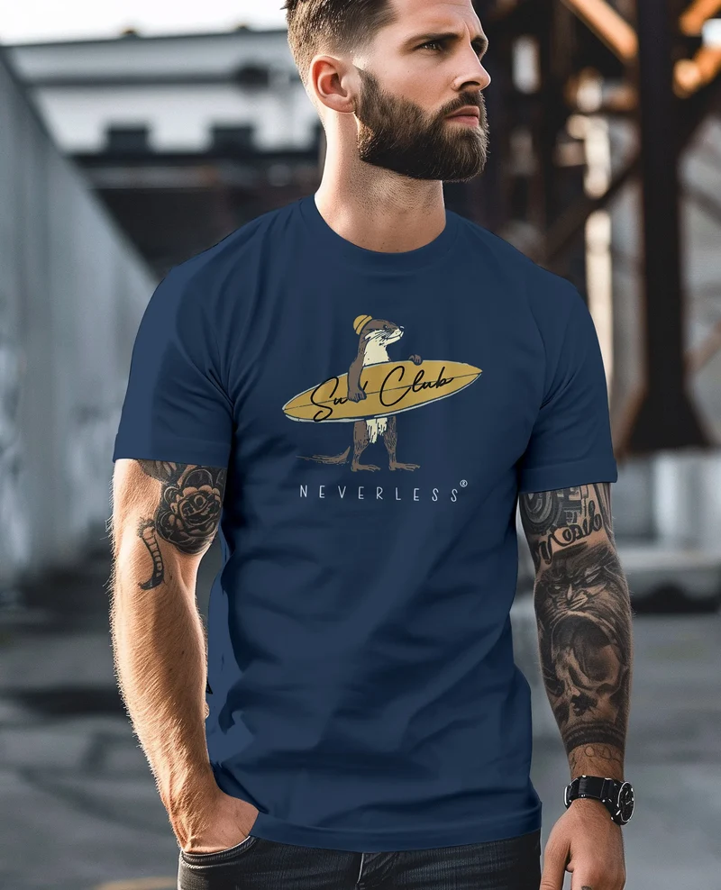 Herren T-Shirt California Surfing Otter mit Surfboard Grafik Surfer-Design Männer Printshirt Fashion Streetstyle