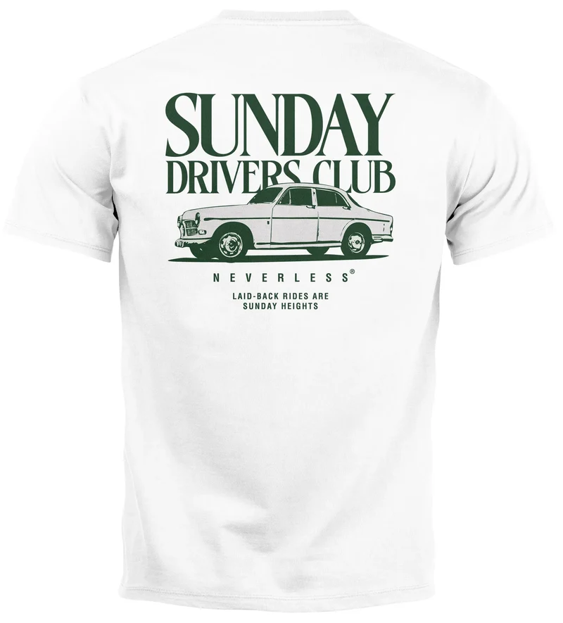 Herren T-Shirt Backprint Oldtimer Auto Sunday Driver Club Printshirt Retro Fashion Streetstyle