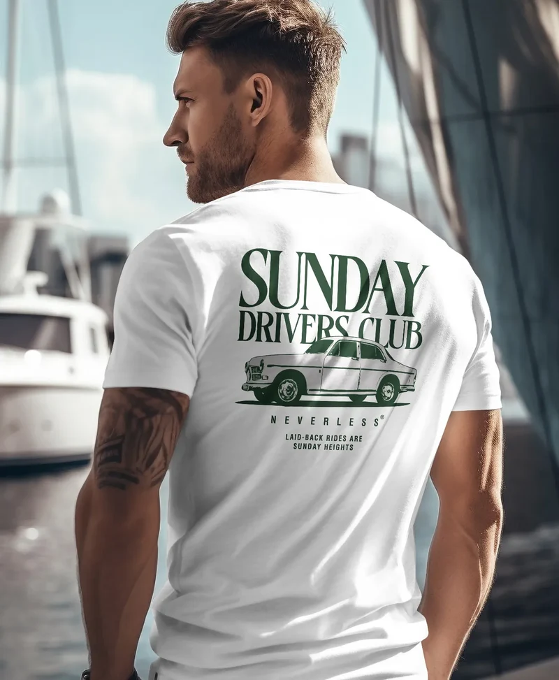 Herren T-Shirt Backprint Oldtimer Auto Sunday Driver Club Printshirt Retro Fashion Streetstyle