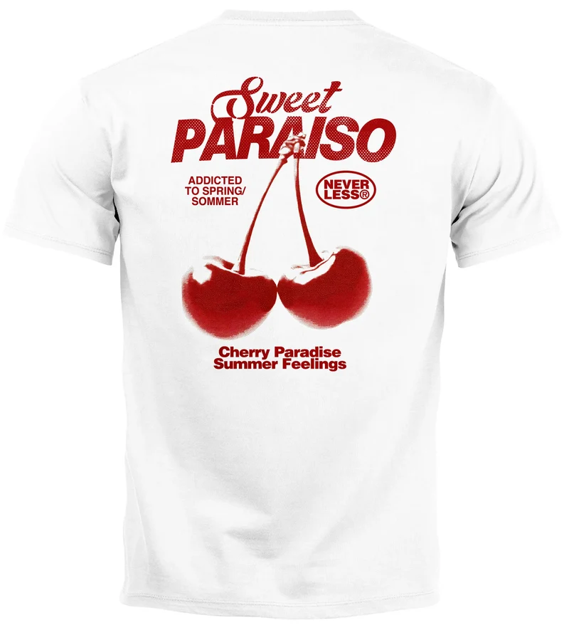 Herren T-Shirt Backprint Kirsche Sweet Cherry Schriftzug Summer Feelings Sommer Männer Fashion Streetstyle