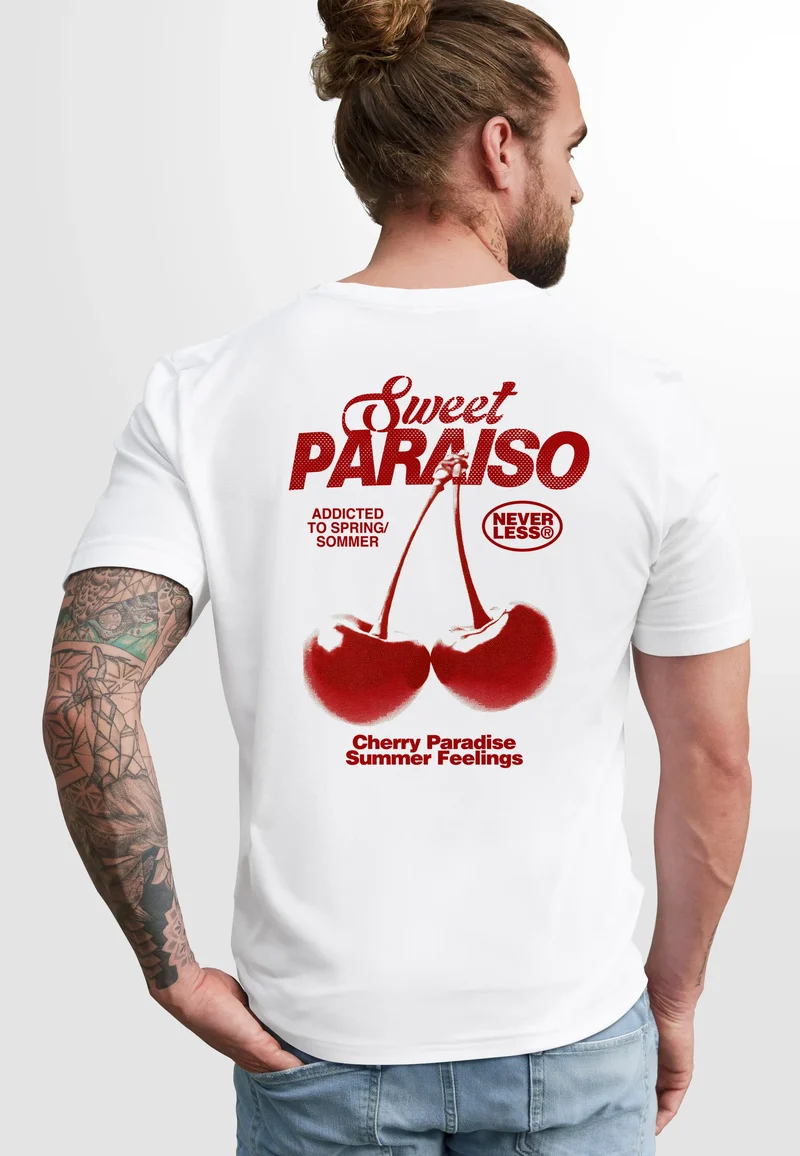 Herren T-Shirt Backprint Kirsche Sweet Cherry Schriftzug Summer Feelings Sommer Männer Fashion Streetstyle