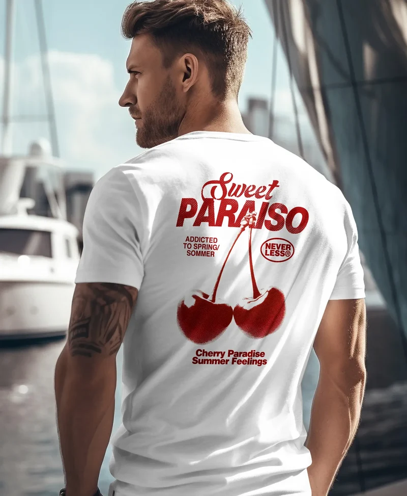 Herren T-Shirt Backprint Kirsche Sweet Cherry Schriftzug Summer Feelings Sommer Männer Fashion Streetstyle
