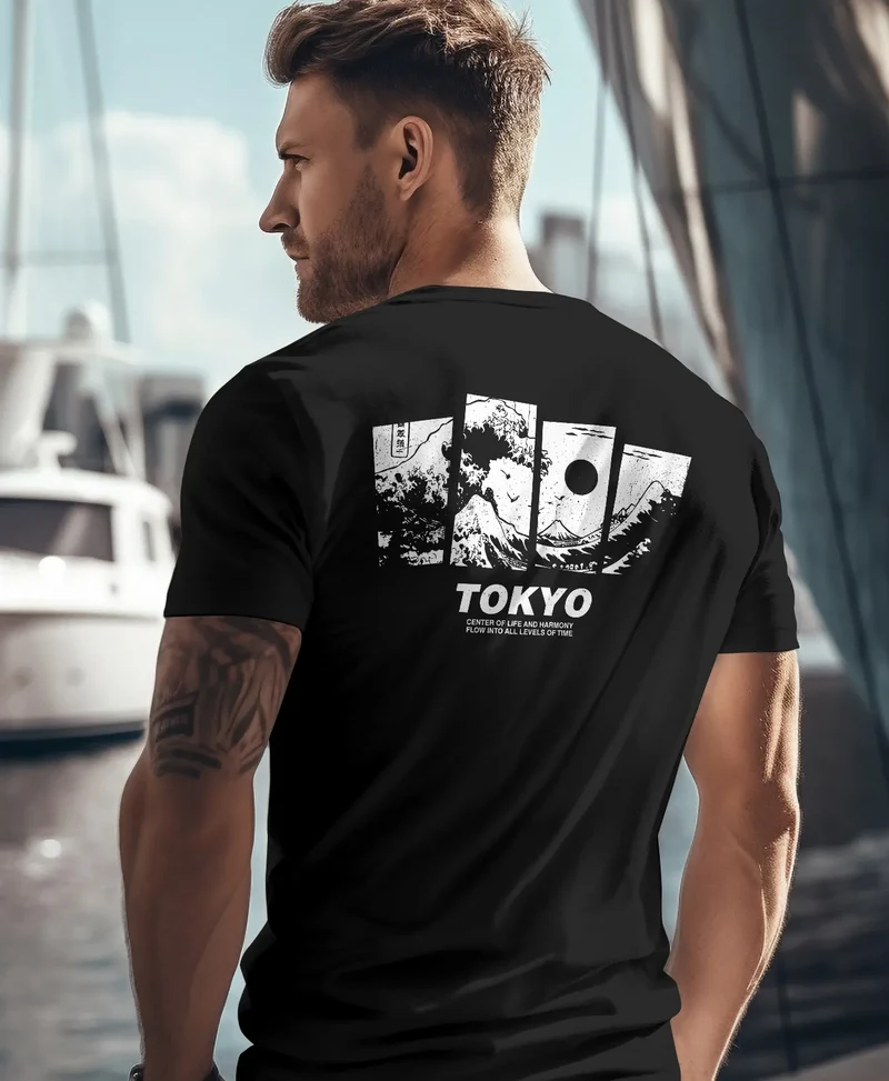 Herren T-Shirt Backprint Japan Tokyo Große Welle Kanagawa Japanische Kunst Männer Fashion Streetstyle