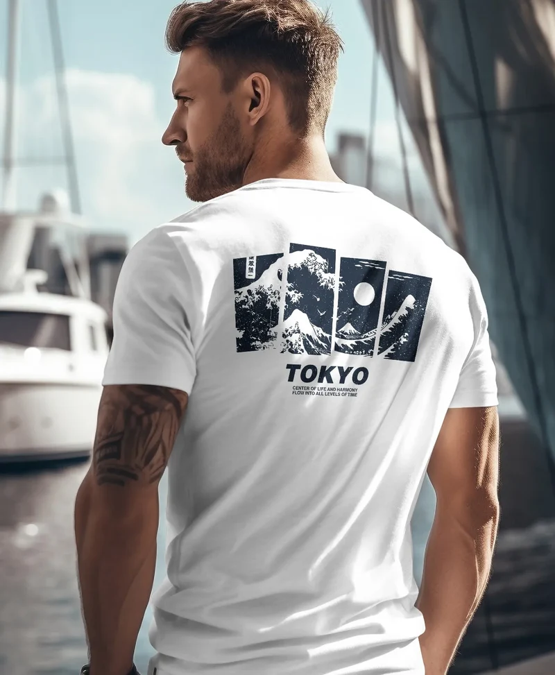 Herren T-Shirt Backprint Japan Tokyo Große Welle Kanagawa Japanische Kunst Männer Fashion Streetstyle