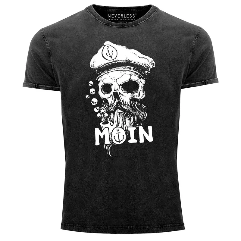Herren Vintage Shirt Moin Kapitän Totenkopf Anker Bart Hamburg Printshirt T-Shirt Aufdruck Used Look