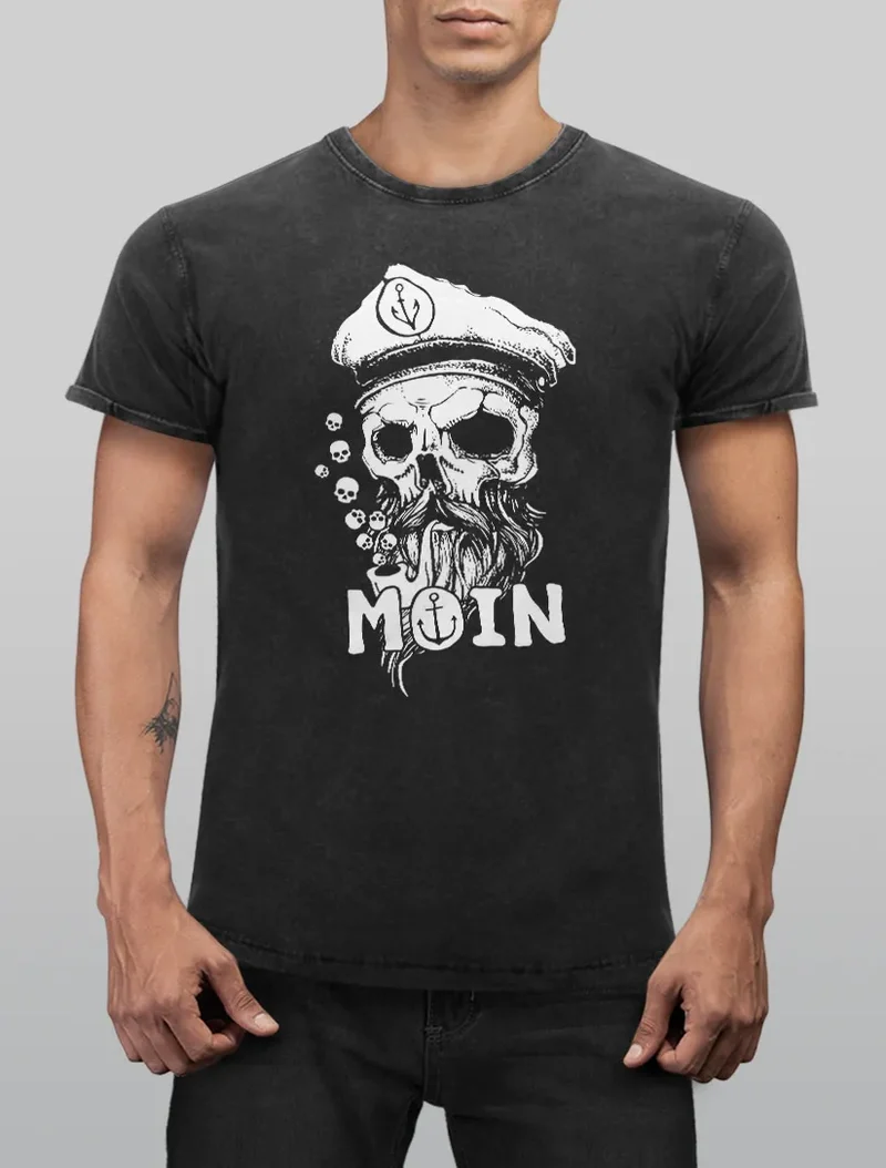 Herren Vintage Shirt Moin Kapitän Totenkopf Anker Bart Hamburg Printshirt T-Shirt Aufdruck Used Look