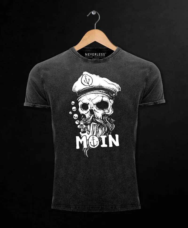Herren Vintage Shirt Moin Kapitän Totenkopf Anker Bart Hamburg Printshirt T-Shirt Aufdruck Used Look