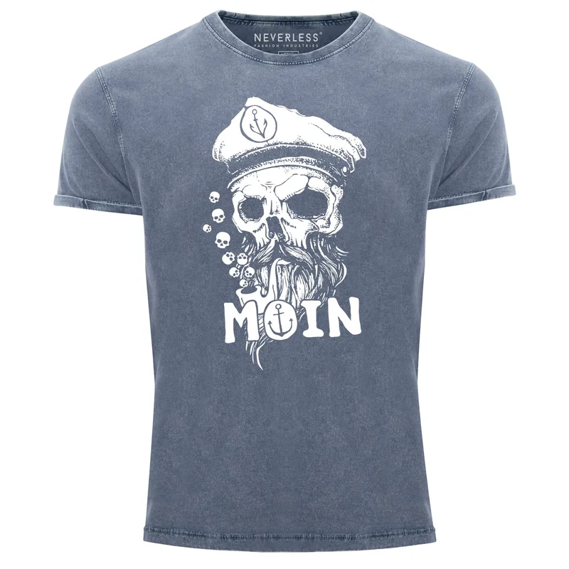 Herren Vintage Shirt Moin Kapitän Totenkopf Anker Bart Hamburg Printshirt T-Shirt Aufdruck Used Look