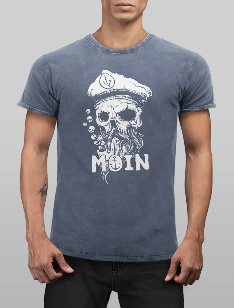 Herren Vintage Shirt Moin Kapitän Totenkopf Anker Bart Hamburg Printshirt T-Shirt Aufdruck Used Look