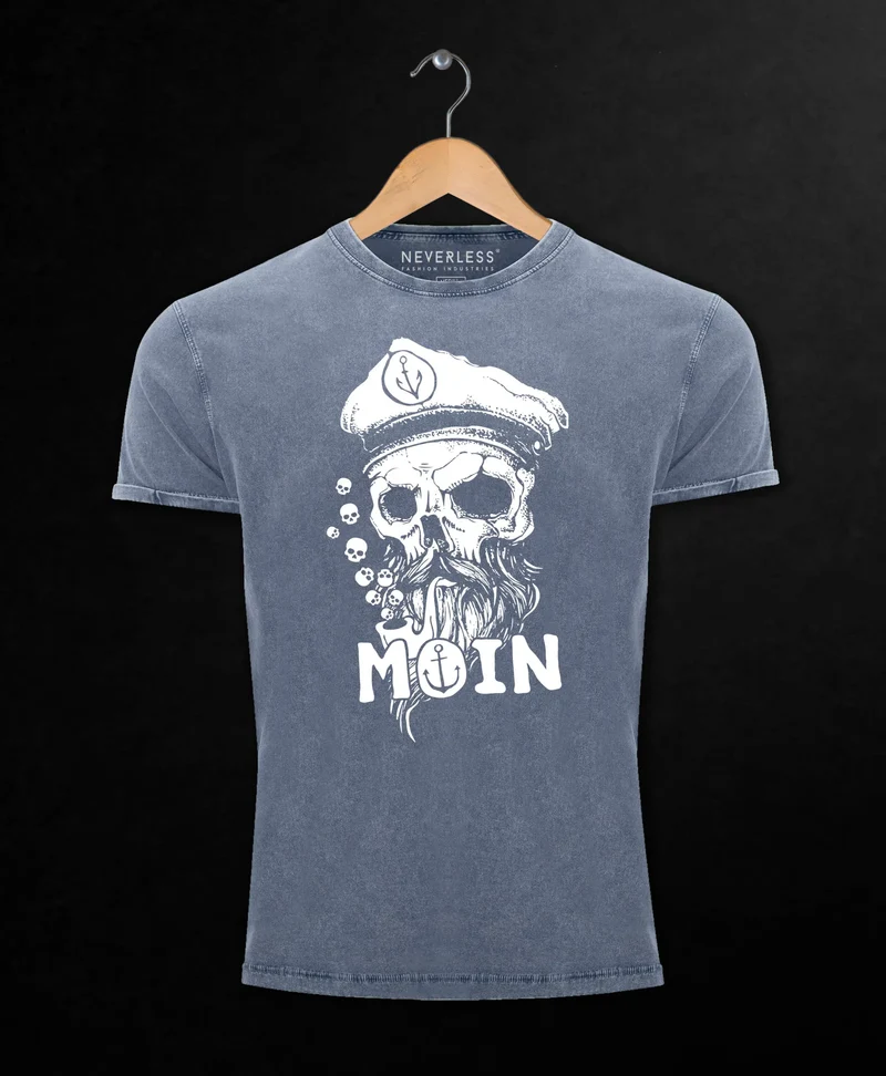 Herren Vintage Shirt Moin Kapitän Totenkopf Anker Bart Hamburg Printshirt T-Shirt Aufdruck Used Look