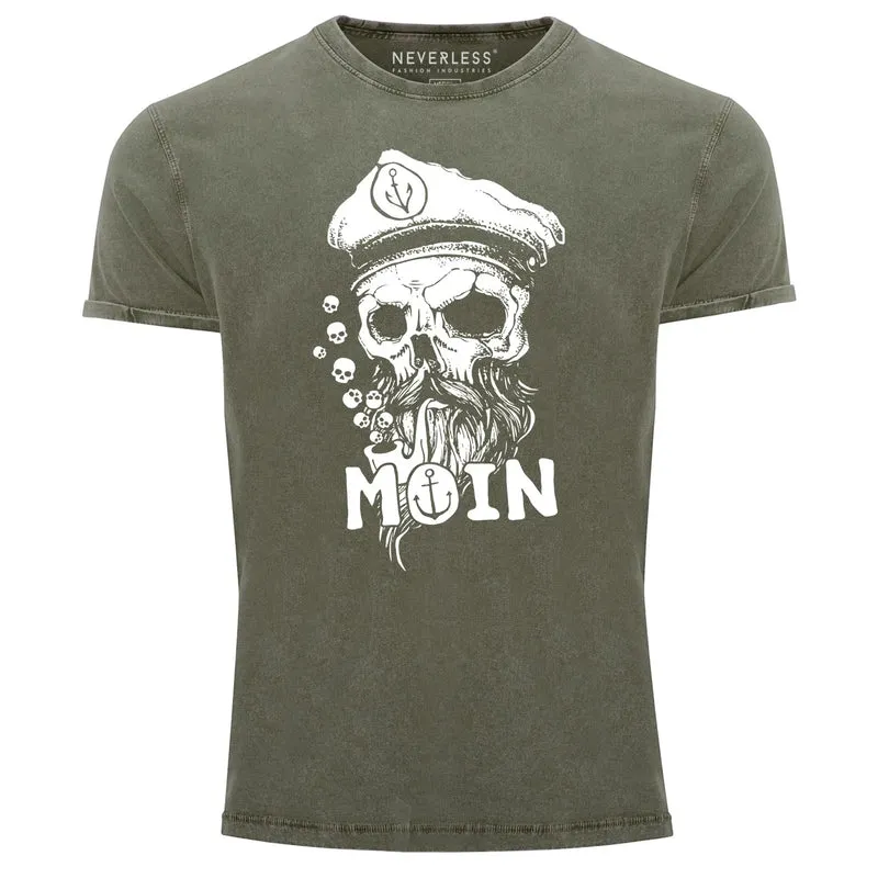 Herren Vintage Shirt Moin Kapitän Totenkopf Anker Bart Hamburg Printshirt T-Shirt Aufdruck Used Look