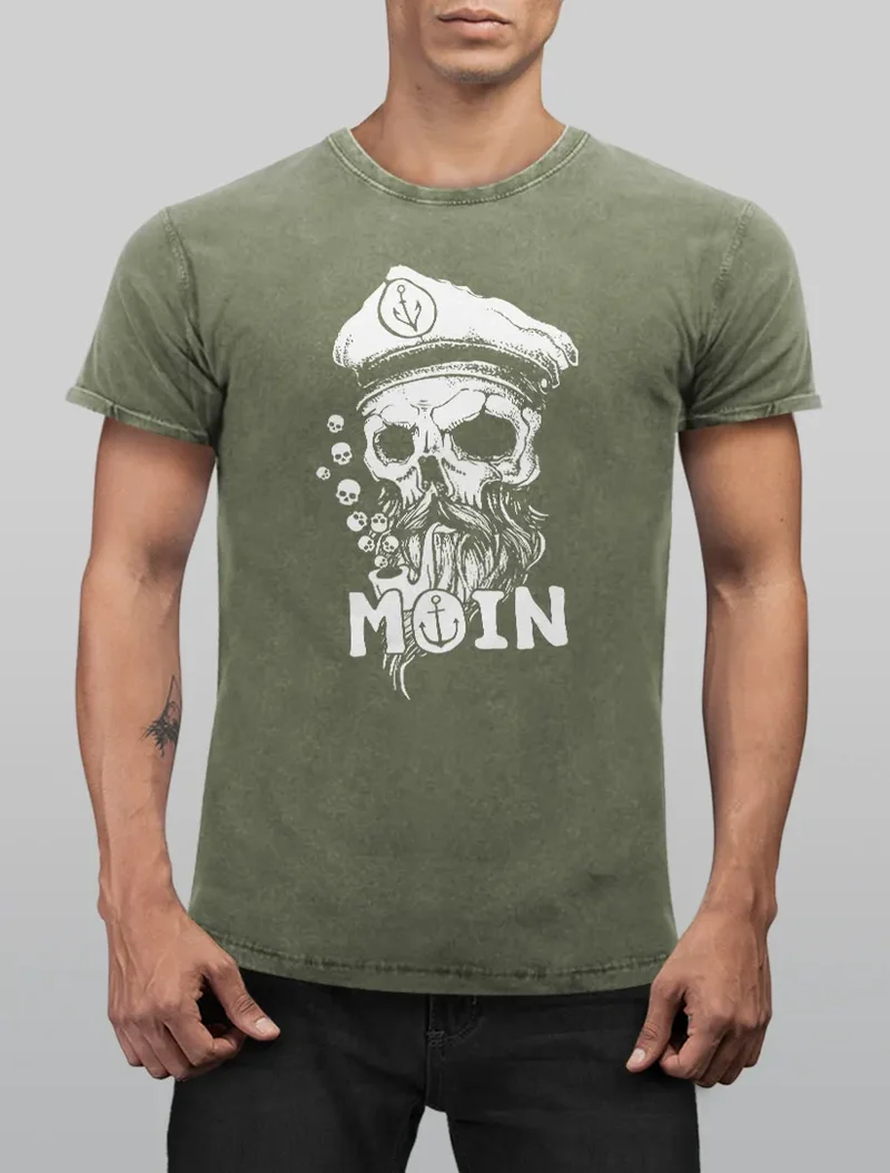 Herren Vintage Shirt Moin Kapitän Totenkopf Anker Bart Hamburg Printshirt T-Shirt Aufdruck Used Look