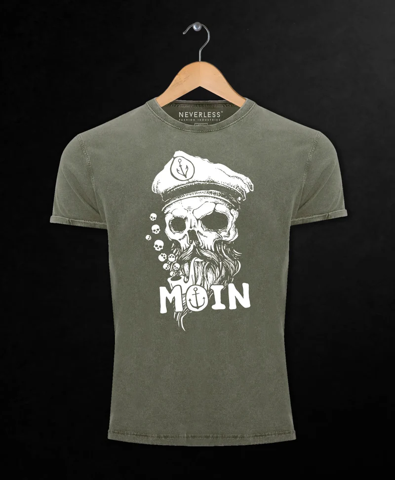 Herren Vintage Shirt Moin Kapitän Totenkopf Anker Bart Hamburg Printshirt T-Shirt Aufdruck Used Look