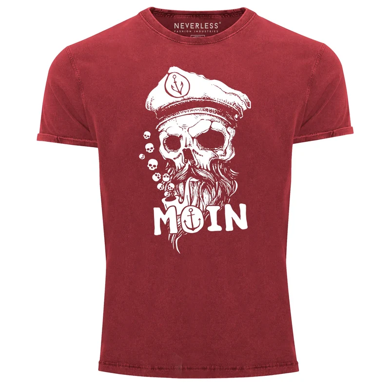 Herren Vintage Shirt Moin Kapitän Totenkopf Anker Bart Hamburg Printshirt T-Shirt Aufdruck Used Look