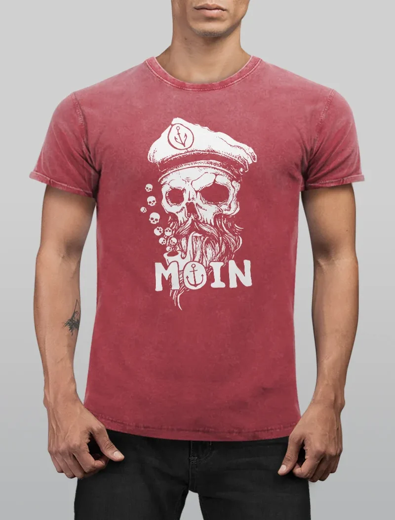 Herren Vintage Shirt Moin Kapitän Totenkopf Anker Bart Hamburg Printshirt T-Shirt Aufdruck Used Look