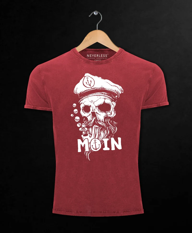 Herren Vintage Shirt Moin Kapitän Totenkopf Anker Bart Hamburg Printshirt T-Shirt Aufdruck Used Look