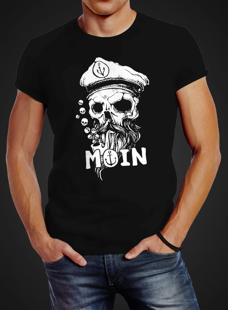 Herren T-Shirt Moin Kapitän Totenkopf Anker Bart Hamburg Fashion Streetstyle