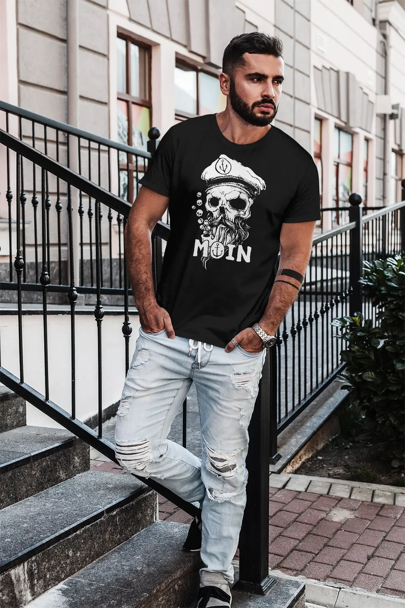 Herren T-Shirt Moin Kapitän Totenkopf Anker Bart Hamburg Fashion Streetstyle