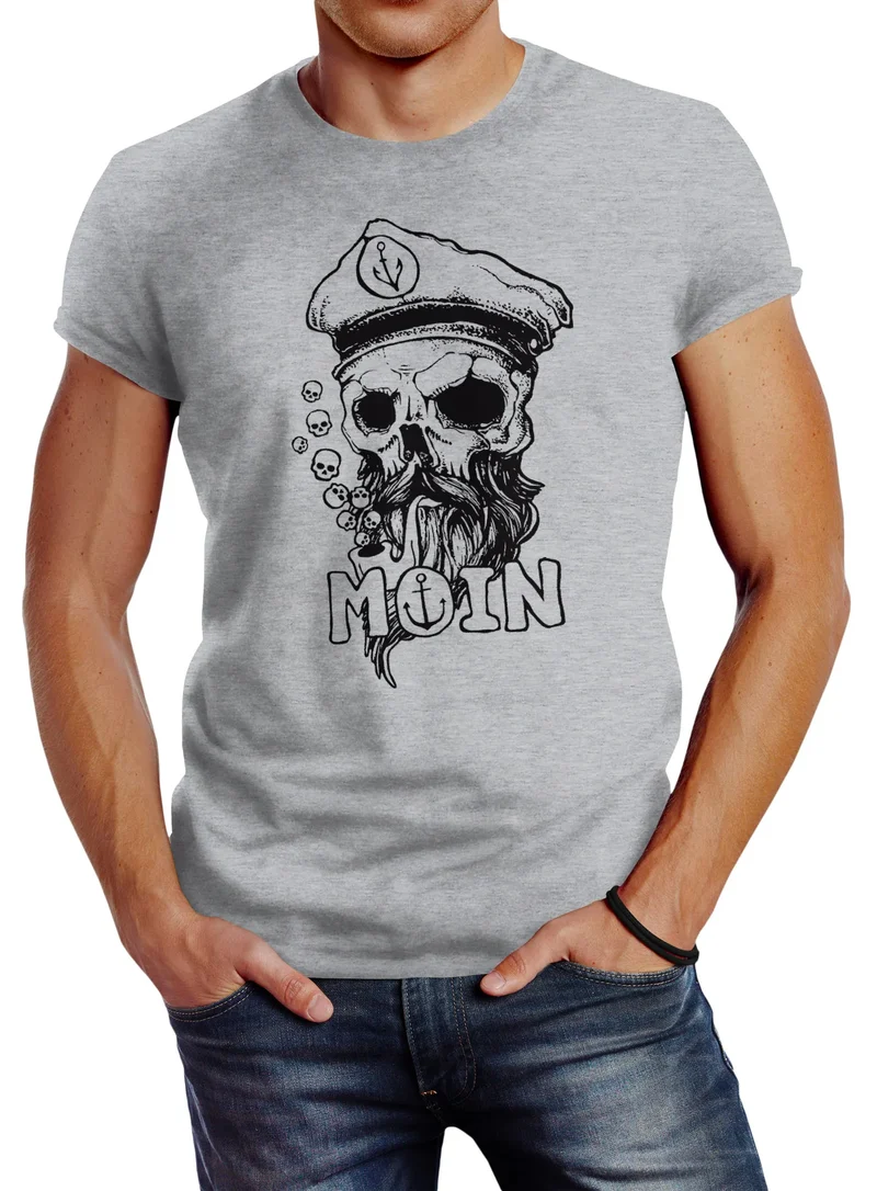 Herren T-Shirt Moin Kapitän Totenkopf Anker Bart Hamburg Fashion Streetstyle