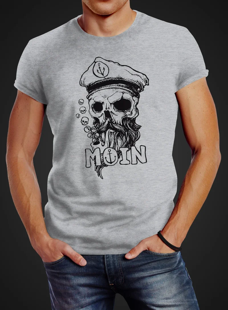 Herren T-Shirt Moin Kapitän Totenkopf Anker Bart Hamburg Fashion Streetstyle