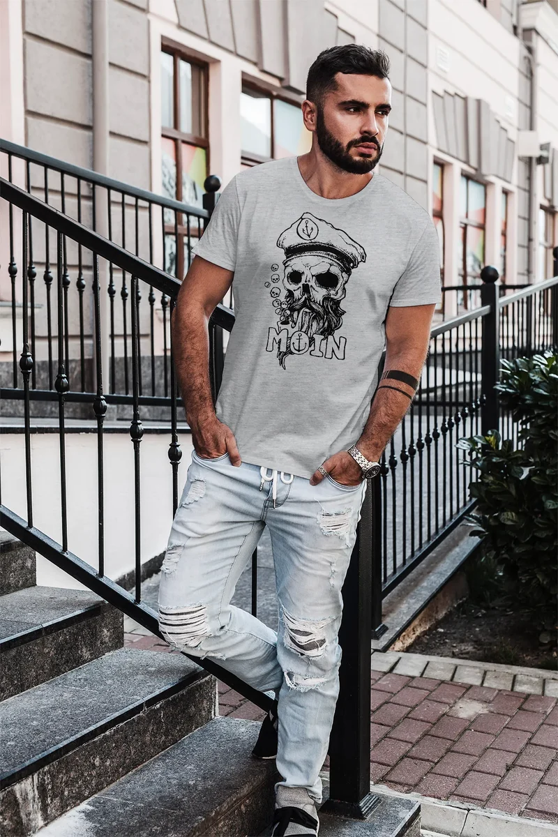 Herren T-Shirt Moin Kapitän Totenkopf Anker Bart Hamburg Fashion Streetstyle