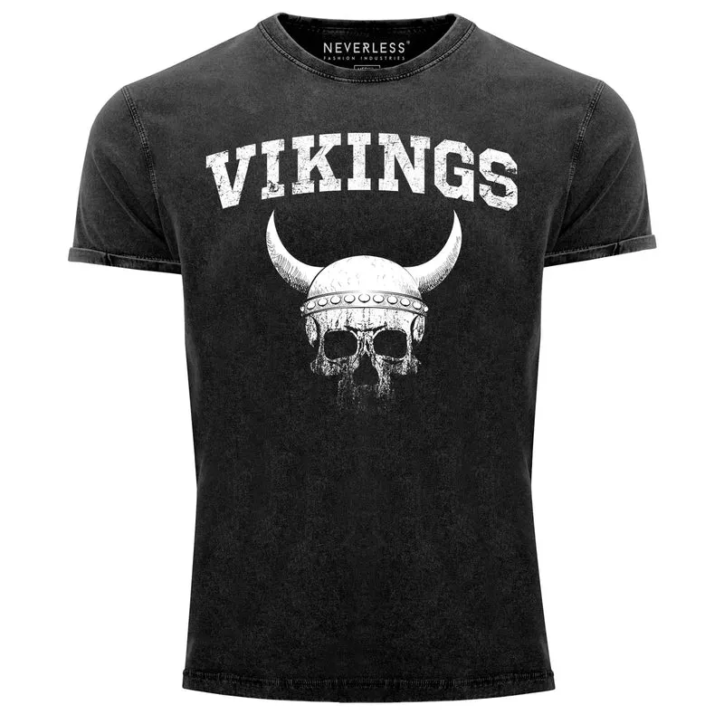 Herren Vintage Shirt Wikinger-Helm Skull Totenkopf Printshirt T-Shirt Aufdruck Used Look Slim Fit