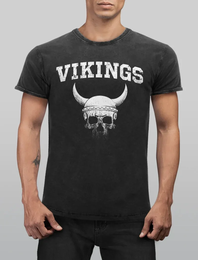 Herren Vintage Shirt Wikinger-Helm Skull Totenkopf Printshirt T-Shirt Aufdruck Used Look Slim Fit