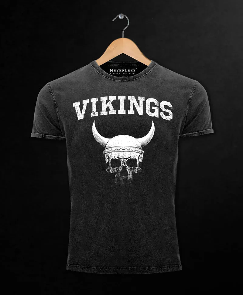 Herren Vintage Shirt Wikinger-Helm Skull Totenkopf Printshirt T-Shirt Aufdruck Used Look Slim Fit