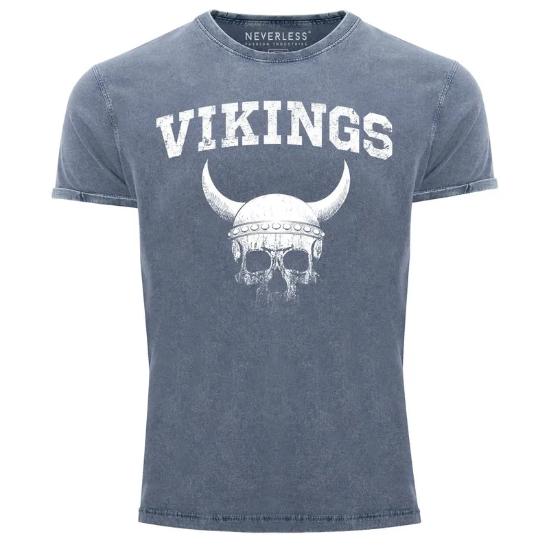Herren Vintage Shirt Wikinger-Helm Skull Totenkopf Printshirt T-Shirt Aufdruck Used Look Slim Fit