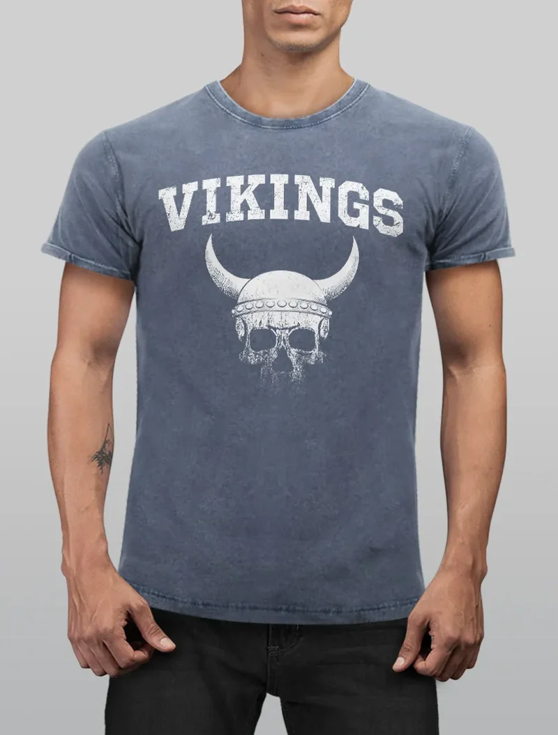 Herren Vintage Shirt Wikinger-Helm Skull Totenkopf Printshirt T-Shirt Aufdruck Used Look Slim Fit