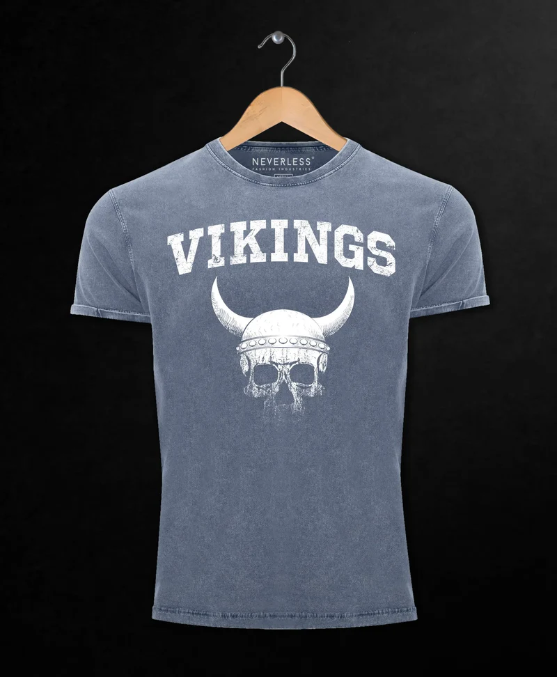 Herren Vintage Shirt Wikinger-Helm Skull Totenkopf Printshirt T-Shirt Aufdruck Used Look Slim Fit