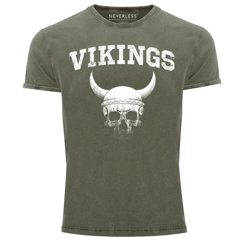 Herren Vintage Shirt Wikinger-Helm Skull Totenkopf Printshirt T-Shirt Aufdruck Used Look Slim Fit